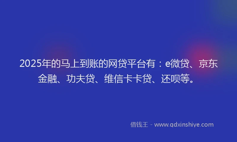 2025年的马上到账的网贷平台有：e微贷、京东金融、功夫贷、维信卡卡贷、还呗等。