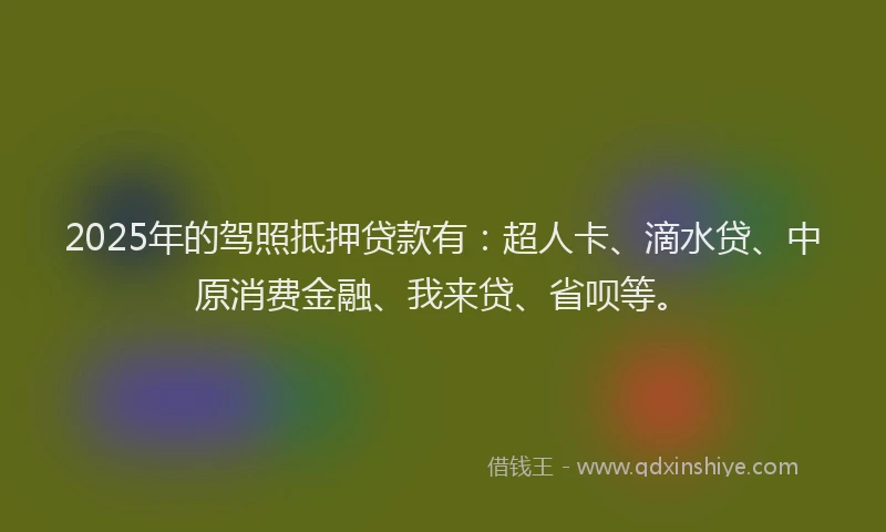 2025年的驾照抵押贷款有：超人卡、滴水贷、中原消费金融、我来贷、省呗等。