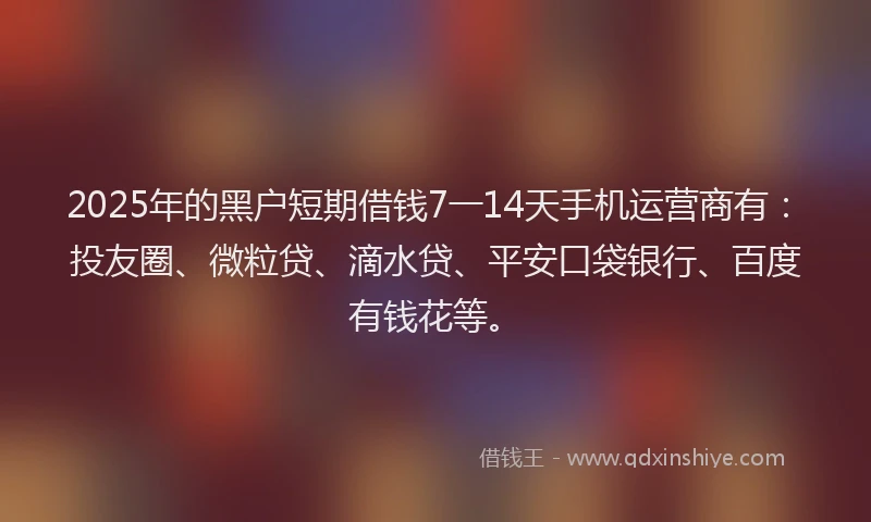 2025年的黑户短期借钱7一14天手机运营商有：投友圈、微粒贷、滴水贷、平安口袋银行、百度有钱花等。