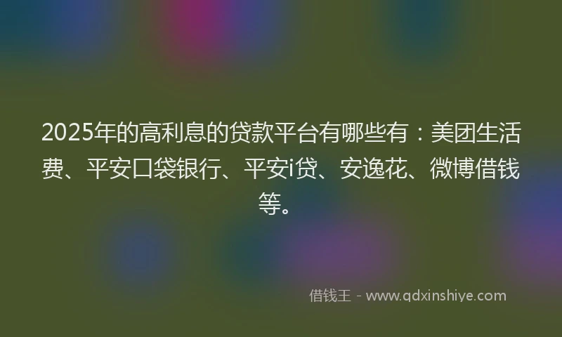 2025年的高利息的贷款平台有哪些有:美团生活费、平安口袋银行、平安i贷、安逸花、微博借钱等。