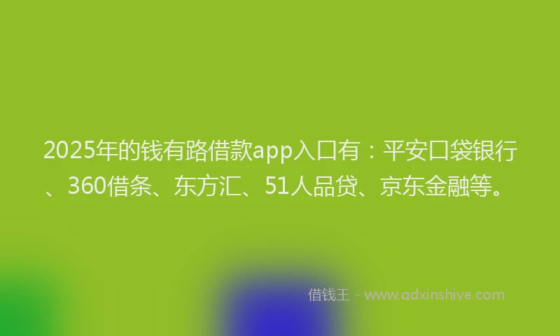2025年的钱有路借款app入口有：平安口袋银行、360借条、东方汇、51人品贷、京东金融等。