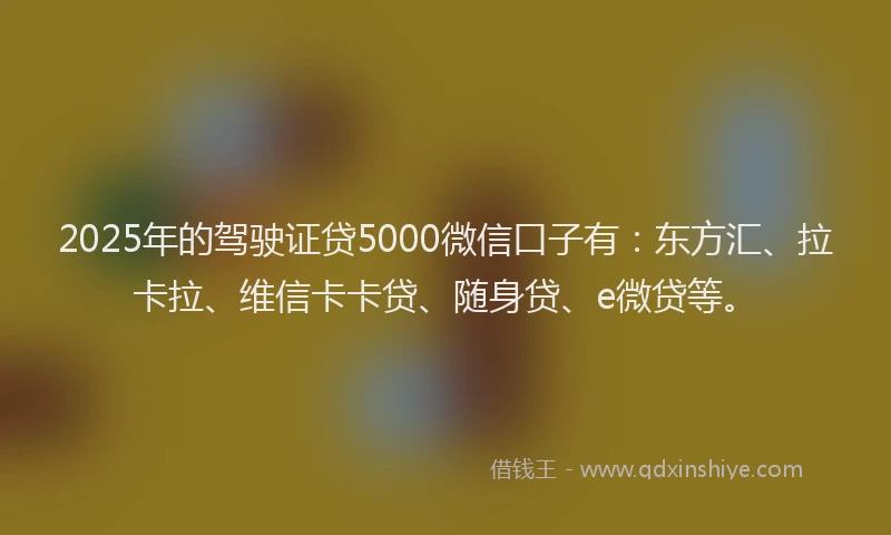 2025年的驾驶证贷5000微信口子有：东方汇、拉卡拉、维信卡卡贷、随身贷、e微贷等。