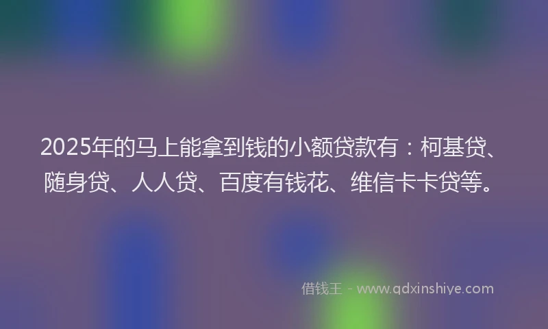 2025年的马上能拿到钱的小额贷款有：柯基贷、随身贷、人人贷、百度有钱花、维信卡卡贷等。