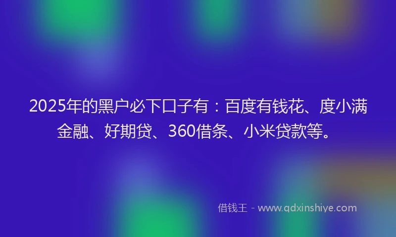 2025年的黑户必下口子有：百度有钱花、度小满金融、好期贷、360借条、小米贷款等。