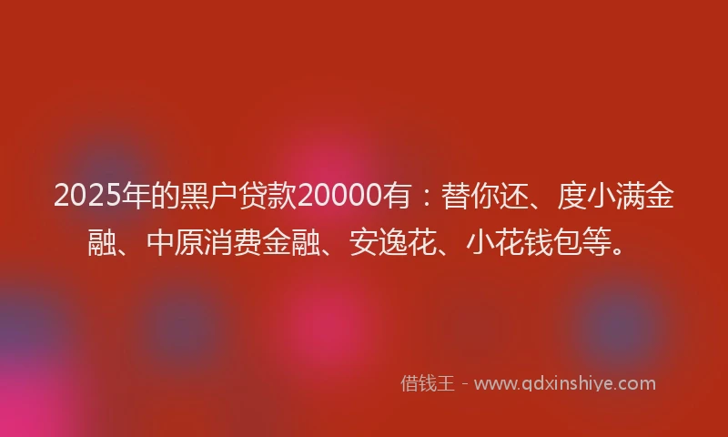 2025年的黑户贷款20000有：替你还、度小满金融、中原消费金融、安逸花、小花钱包等。