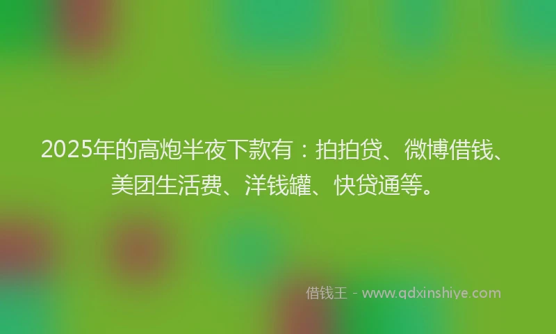 2025年的高炮半夜下款有：拍拍贷、微博借钱、美团生活费、洋钱罐、快贷通等。