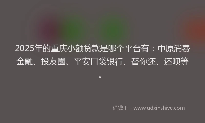2025年的重庆小额贷款是哪个平台有：中原消费金融、投友圈、平安口袋银行、替你还、还呗等。