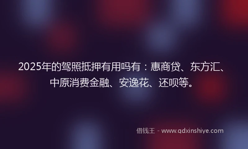 2025年的驾照抵押有用吗有：惠商贷、东方汇、中原消费金融、安逸花、还呗等。