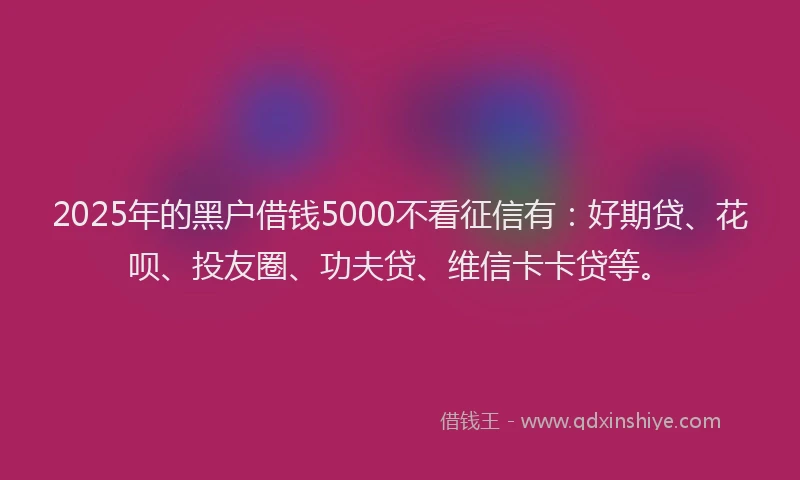 2025年的黑户借钱5000不看征信有：好期贷、花呗、投友圈、功夫贷、维信卡卡贷等。