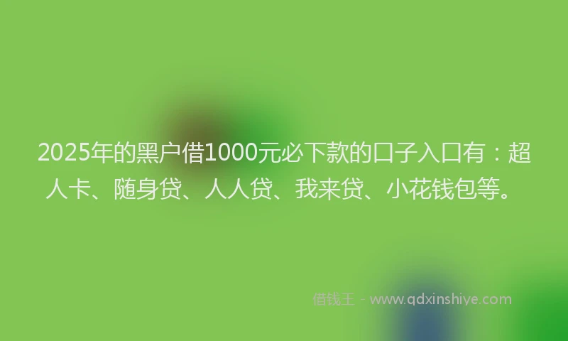 2025年的黑户借1000元必下款的口子入口有：超人卡、随身贷、人人贷、我来贷、小花钱包等。