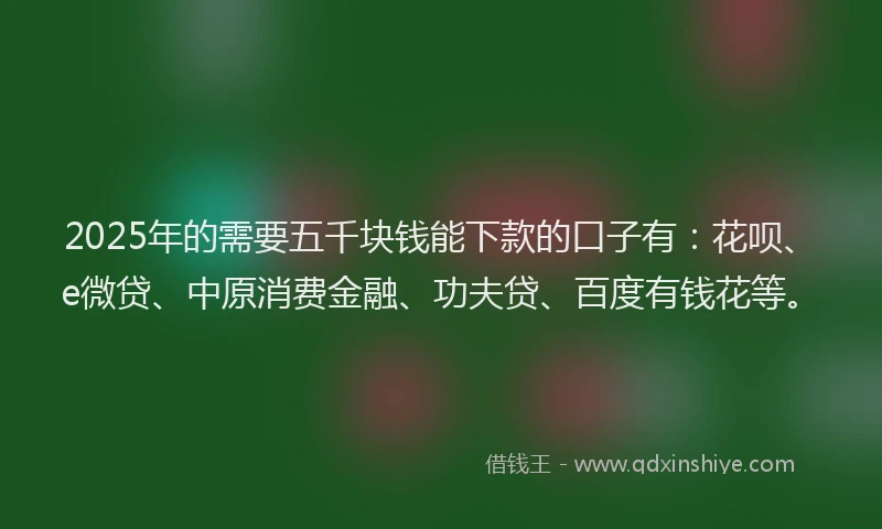 2025年的需要五千块钱能下款的口子有：花呗、e微贷、中原消费金融、功夫贷、百度有钱花等。