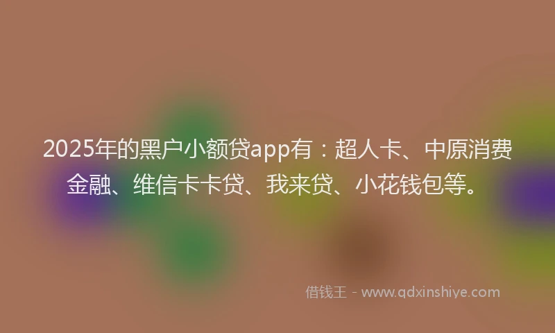 2025年的黑户小额贷app有：超人卡、中原消费金融、维信卡卡贷、我来贷、小花钱包等。