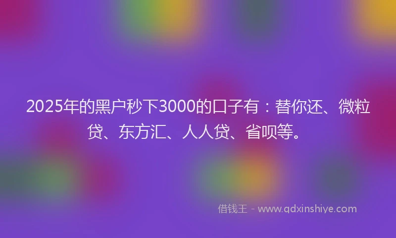 2025年的黑户秒下3000的口子有：替你还、微粒贷、东方汇、人人贷、省呗等。