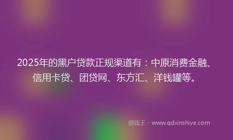 2025年的黑户贷款正规渠道有：中原消费金融、信用卡贷、团贷网、东方汇、洋钱罐等。