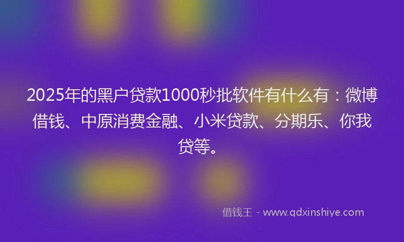 2025年的黑户贷款1000秒批软件有什么有：微博借钱、中原消费金融、小米贷款、分期乐、你我贷等。