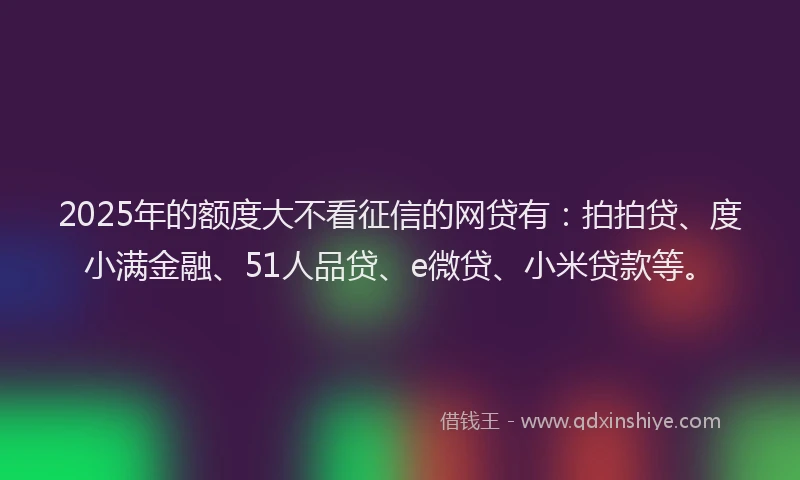2025年的额度大不看征信的网贷有：拍拍贷、度小满金融、51人品贷、e微贷、小米贷款等。