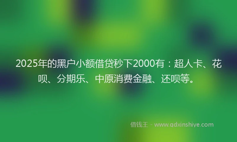 2025年的黑户小额借贷秒下2000有：超人卡、花呗、分期乐、中原消费金融、还呗等。