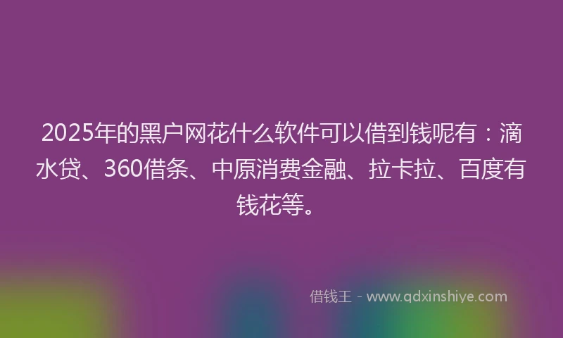 2025年的黑户网花什么软件可以借到钱呢有：滴水贷、360借条、中原消费金融、拉卡拉、百度有钱花等。
