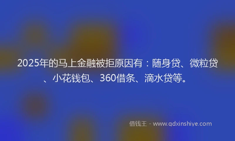 2025年的马上金融被拒原因有：随身贷、微粒贷、小花钱包、360借条、滴水贷等。