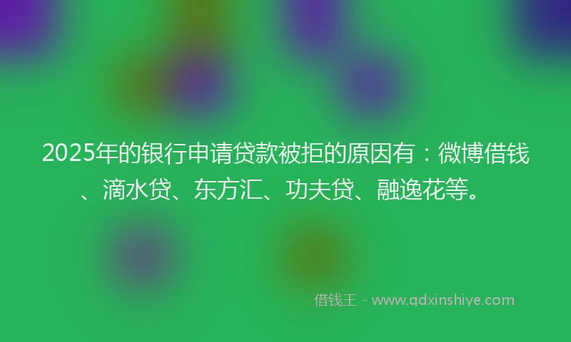 2025年的银行申请贷款被拒的原因有：微博借钱、滴水贷、东方汇、功夫贷、融逸花等。