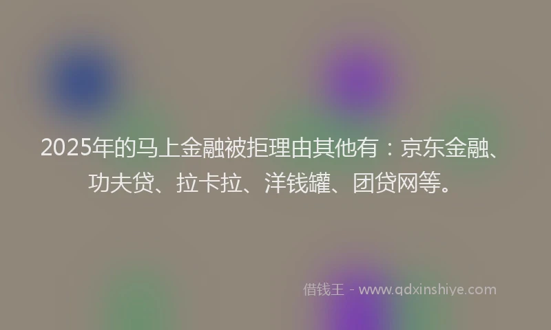 2025年的马上金融被拒理由其他有：京东金融、功夫贷、拉卡拉、洋钱罐、团贷网等。
