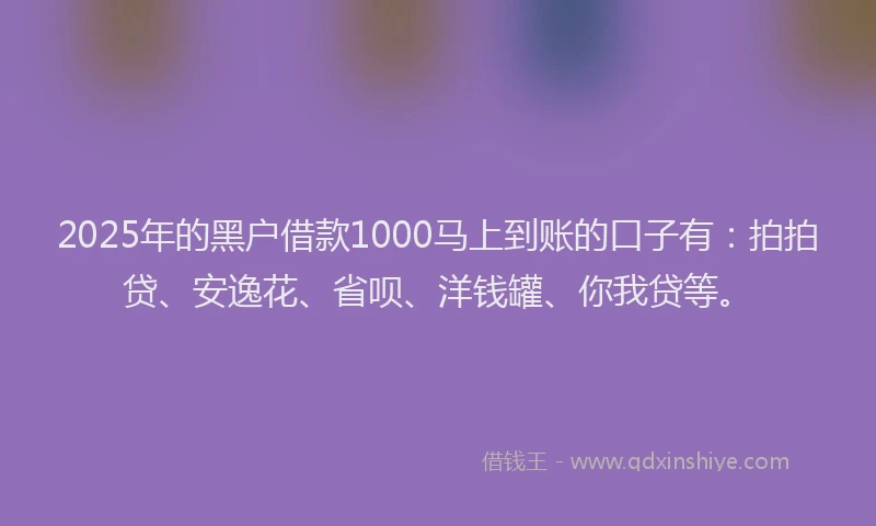 2025年的黑户借款1000马上到账的口子有：拍拍贷、安逸花、省呗、洋钱罐、你我贷等。