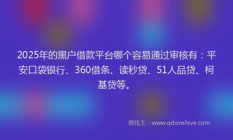 2025年的黑户借款平台哪个容易通过审核有：平安口袋银行、360借条、读秒贷、51人品贷、柯基贷等。