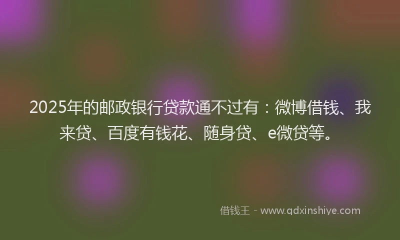 2025年的邮政银行贷款通不过有：微博借钱、我来贷、百度有钱花、随身贷、e微贷等。