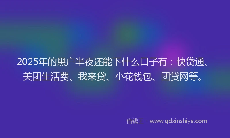 2025年的黑户半夜还能下什么口子有：快贷通、美团生活费、我来贷、小花钱包、团贷网等。