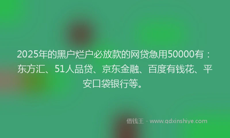 2025年的黑户烂户必放款的网贷急用50000有：东方汇、51人品贷、京东金融、百度有钱花、平安口袋银行等。