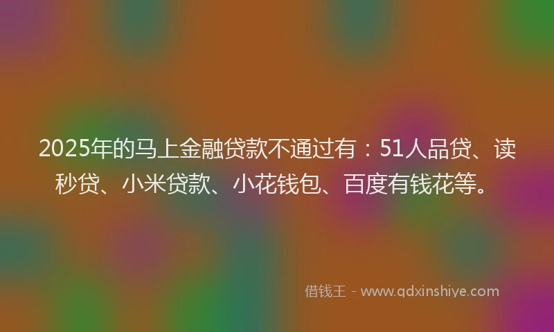 2025年的马上金融贷款不通过有：51人品贷、读秒贷、小米贷款、小花钱包、百度有钱花等。