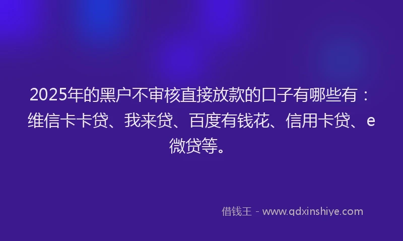 2025年的黑户不审核直接放款的口子有哪些有：维信卡卡贷、我来贷、百度有钱花、信用卡贷、e微贷等。