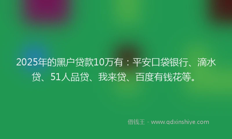 2025年的黑户贷款10万有：平安口袋银行、滴水贷、51人品贷、我来贷、百度有钱花等。