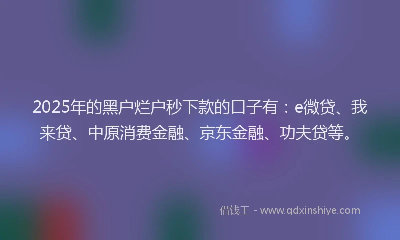 2025年的黑户烂户秒下款的口子有：e微贷、我来贷、中原消费金融、京东金融、功夫贷等。