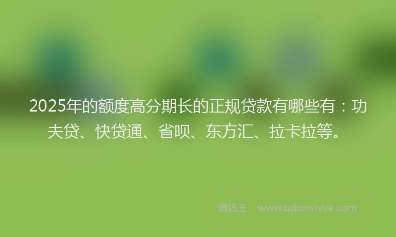 2025年的额度高分期长的正规贷款有哪些有：功夫贷、快贷通、省呗、东方汇、拉卡拉等。
