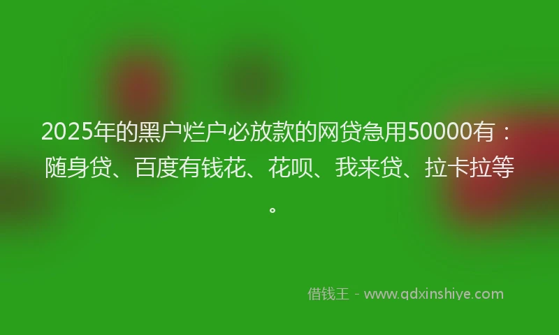 2025年的黑户烂户必放款的网贷急用50000有：随身贷、百度有钱花、花呗、我来贷、拉卡拉等。