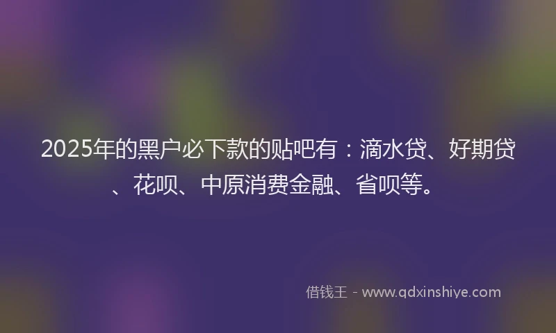 2025年的黑户必下款的贴吧有：滴水贷、好期贷、花呗、中原消费金融、省呗等。