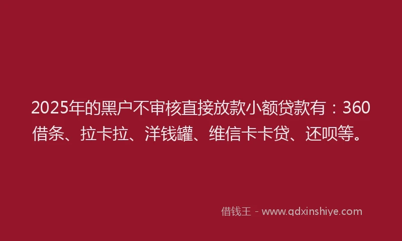 2025年的黑户不审核直接放款小额贷款有：360借条、拉卡拉、洋钱罐、维信卡卡贷、还呗等。