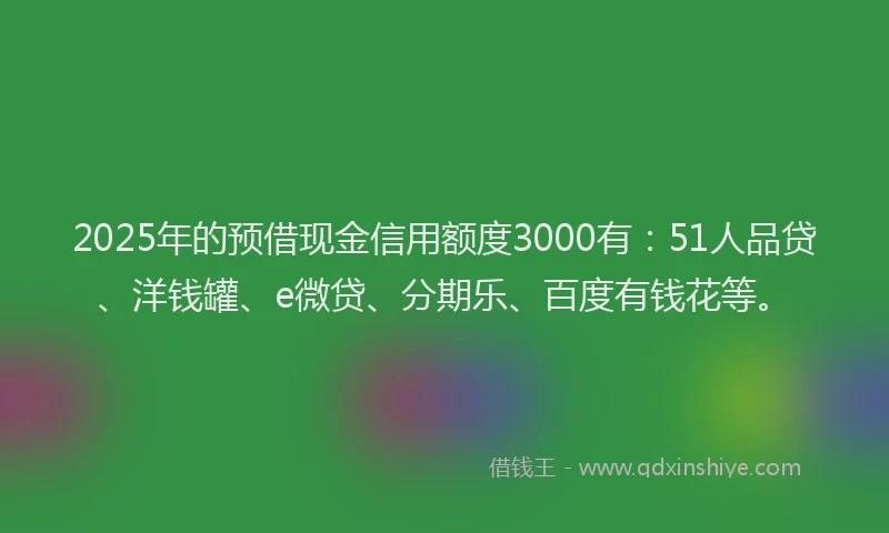 2025年的预借现金信用额度3000有：51人品贷、洋钱罐、e微贷、分期乐、百度有钱花等。