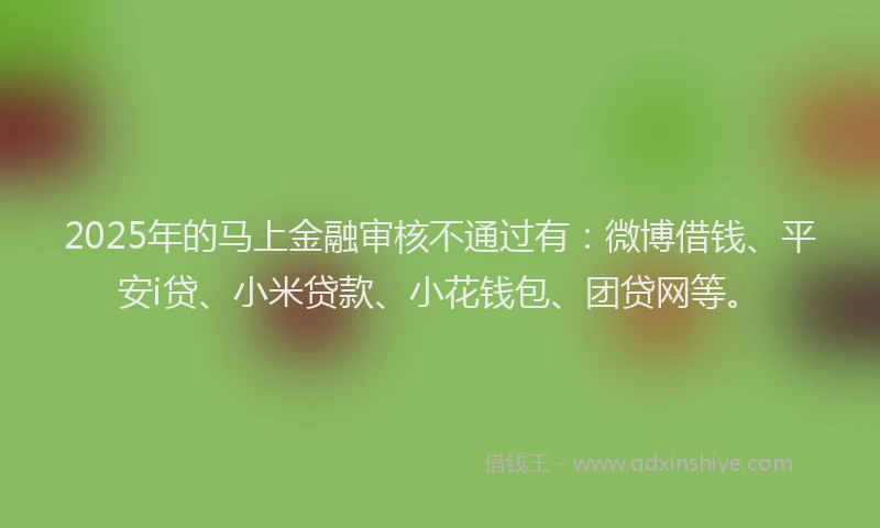 2025年的马上金融审核不通过有：微博借钱、平安i贷、小米贷款、小花钱包、团贷网等。