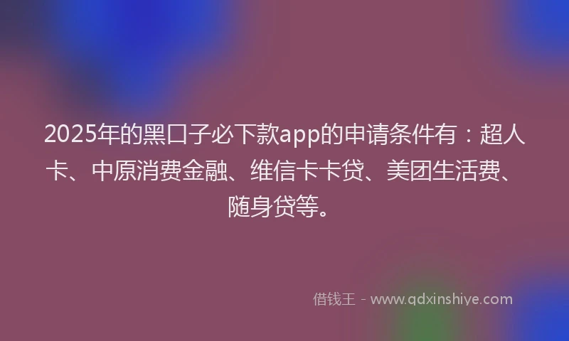 2025年的黑口子必下款app的申请条件有：超人卡、中原消费金融、维信卡卡贷、美团生活费、随身贷等。