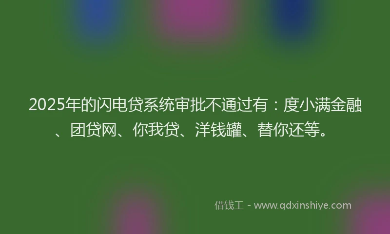 2025年的闪电贷系统审批不通过有：度小满金融、团贷网、你我贷、洋钱罐、替你还等。