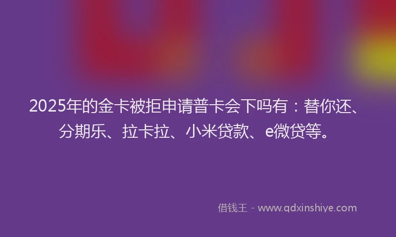 2025年的金卡被拒申请普卡会下吗有：替你还、分期乐、拉卡拉、小米贷款、e微贷等。