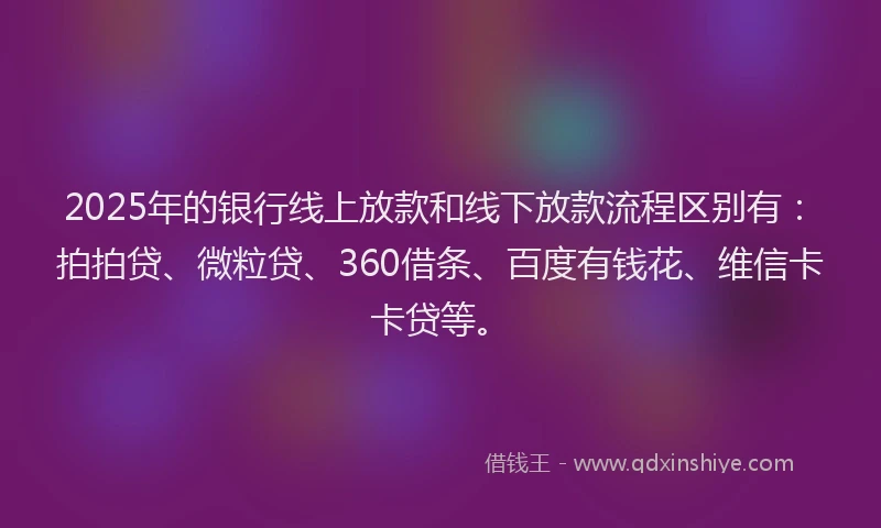2025年的银行线上放款和线下放款流程区别有：拍拍贷、微粒贷、360借条、百度有钱花、维信卡卡贷等。