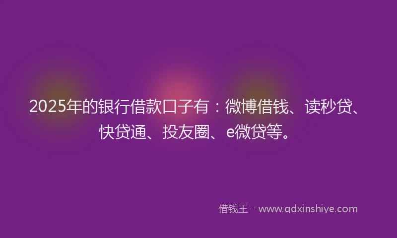2025年的银行借款口子有：微博借钱、读秒贷、快贷通、投友圈、e微贷等。
