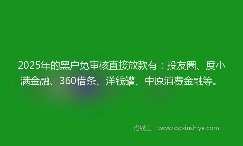 2025年的黑户免审核直接放款有：投友圈、度小满金融、360借条、洋钱罐、中原消费金融等。