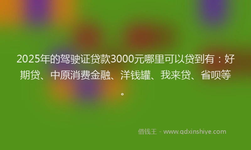 2025年的驾驶证贷款3000元哪里可以贷到有：好期贷、中原消费金融、洋钱罐、我来贷、省呗等。