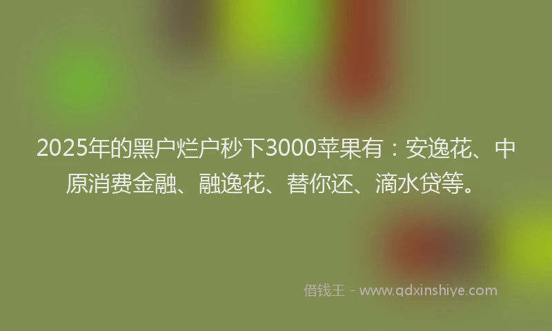 2025年的黑户烂户秒下3000苹果有：安逸花、中原消费金融、融逸花、替你还、滴水贷等。