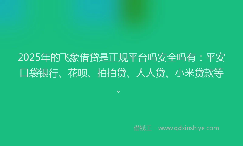 2025年的飞象借贷是正规平台吗安全吗有：平安口袋银行、花呗、拍拍贷、人人贷、小米贷款等。