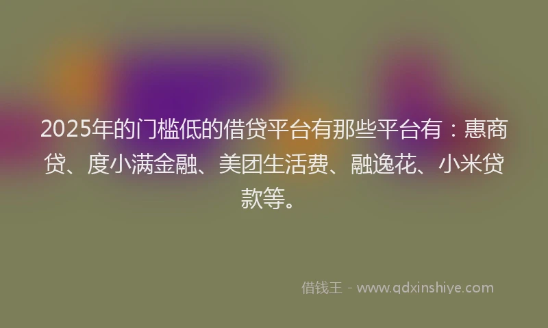 2025年的门槛低的借贷平台有那些平台有：惠商贷、度小满金融、美团生活费、融逸花、小米贷款等。